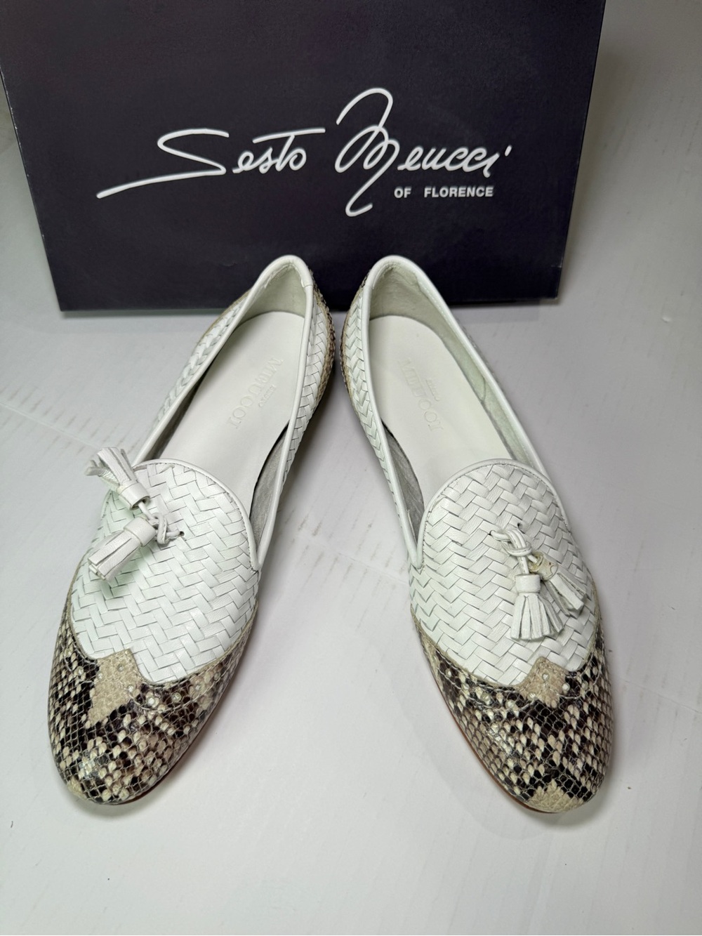Sesto Meucci White Woven Leather Tassel Flats with Snake-Print Toe Cap
